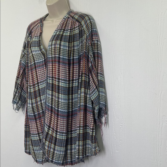 Free People - Boho Cottage Plaid Colorful Button Down Oversized Blouse Size Med - Picture 6 of 11